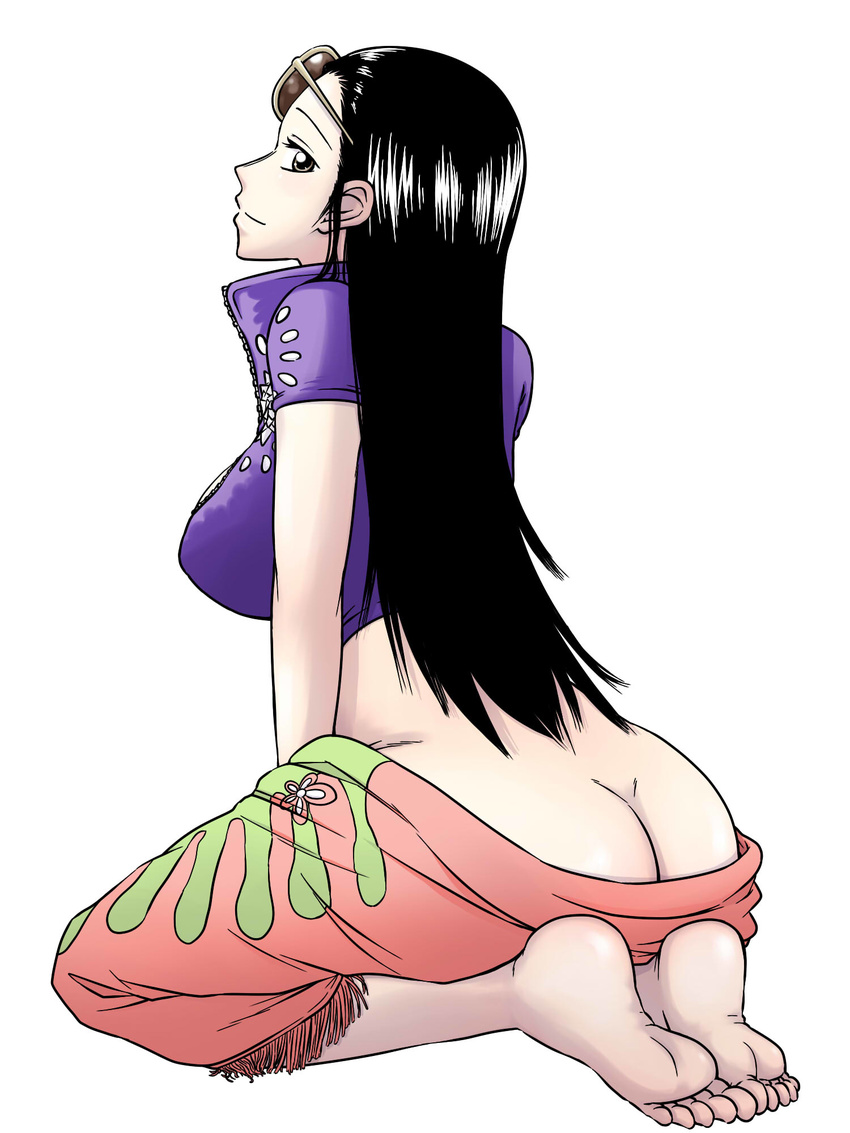 ass barefoot black_hair breasts commentary_request eyewear_on_head feet floral_print from_behind full_body grey_eyes hair_slicked_back hanya_(hanya_yashiki) high_collar highres large_breasts long_hair looking_at_viewer looking_back nico_robin no_panties one_piece shiny shiny_hair short_sleeves sideways_glance simple_background smile soles solo sunglasses toes white_background