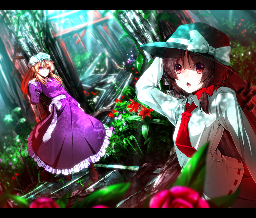 :o blonde_hair bow brown_hair dress flower grass hair_bow hat hat_bow hat_ribbon highres letterboxed long_hair looking_at_viewer maribel_hearn multiple_girls necktie purple_eyes red_eyes revision ribbon ryosios shirt stairs sunlight torii touhou tree usami_renko white_shirt