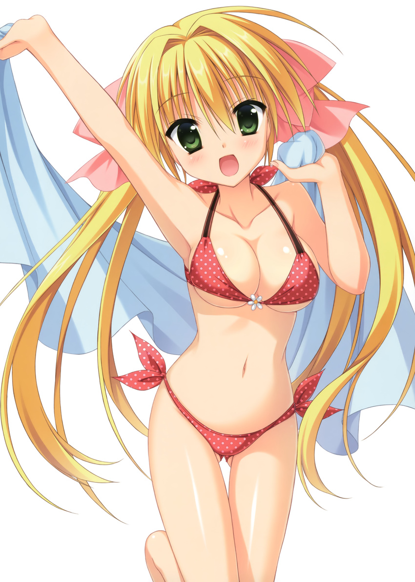 :d absurdres arm_up bikini blonde_hair blush breasts cleavage copyright_request green_eyes highres large_breasts long_hair moribe_(rabumanyo) navel open_mouth polka_dot polka_dot_bikini polka_dot_swimsuit shiny shiny_skin simple_background smile solo swimsuit thigh_gap towel very_long_hair