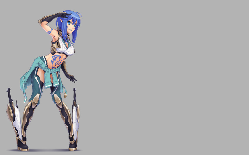 blue_eyes blue_hair long_hair navel original pinakes tattoo weapon