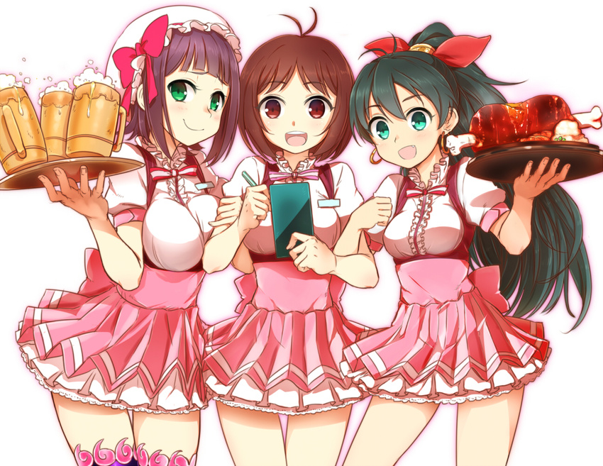 :d alcohol amami_haruka antenna_hair arm_holding arm_hug beer beer_mug black_hair boned_meat bow breasts brown_eyes brown_hair cup double_arm_hug fang food ganaha_hibiki girl_sandwich green_eyes hair_bow hair_ribbon hat hidaka_ai holding holding_cup idolmaster idolmaster_(classic) idolmaster_dearly_stars large_breasts long_hair meat medium_breasts minatsuki_randoseru multiple_girls notepad open_mouth pen ponytail purple_legwear ribbon sandwiched short_hair simple_background skirt smile thighhighs tray waitress white_background wide_ponytail