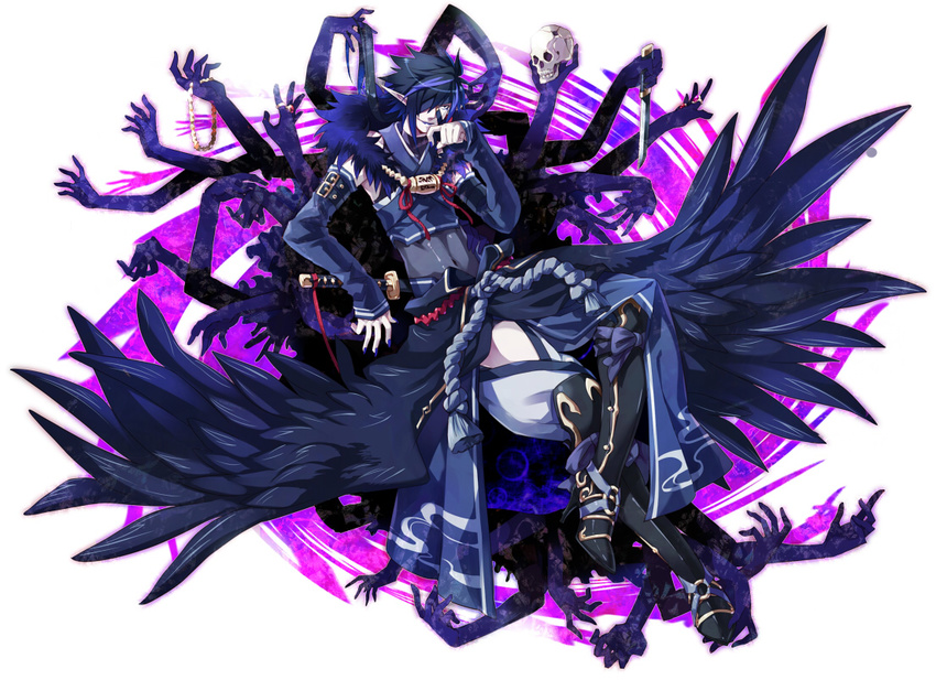 ars_goetia black_hair black_wings blue_nails covered_navel crossed_legs dagger demon_boy jewelry kyousaku male_focus multiple_arms mygrimoire nail_polish necklace raum_(mygrimoire) ribbon ring rope scabbard sheath simple_background sitting skin_tight skull solo sword unsheathed weapon white_background wings