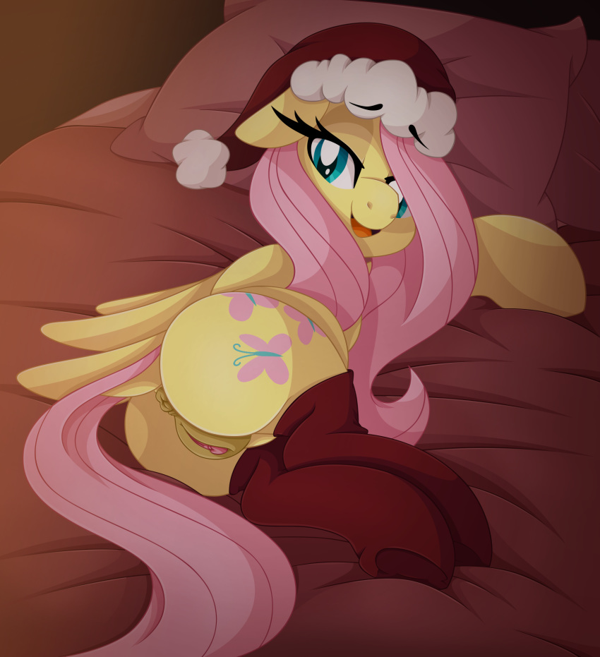 2018 anus bed bedroom bedroom_eyes butt christmas clitoris clothing cutie_mark dock equine feathered_wings feathers female feral fluttershy_(mlp) friendship_is_magic hair hair_over_eye half-closed_eyes hat hi_res holidays inside legwear long_hair looking_at_viewer mammal my_little_pony on_bed open_mouth pearlyiridescence pegasus pink_hair pussy santa_hat seductive solo teal_eyes wings