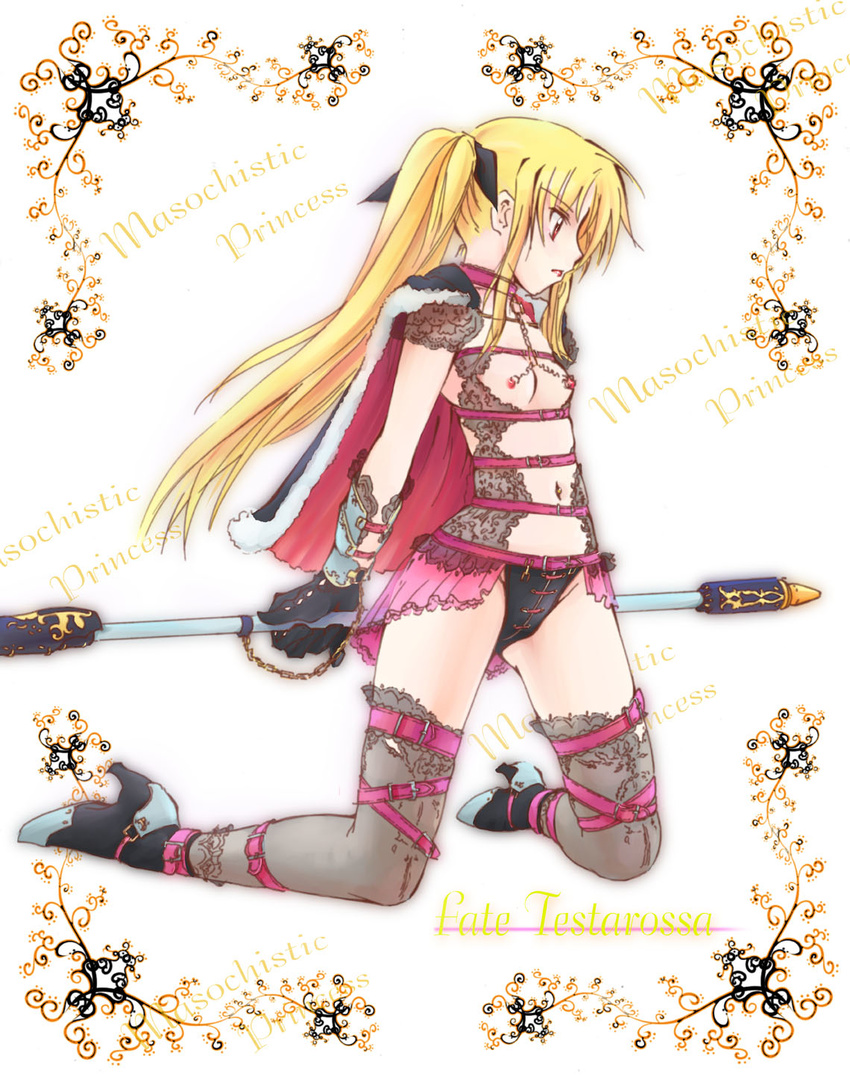 1girl bdsm blonde_hair breasts cape chains cuffs fate_testarossa high_heels highres jason_(kaiten_kussaku_kikou) linked_piercing linked_piercings long_hair lyrical_nanoha mahou_shoujo_lyrical_nanoha nipple_chain nipple_piercing nipples piercing red_eyes shoes small_breasts solo staff thighhighs twintails