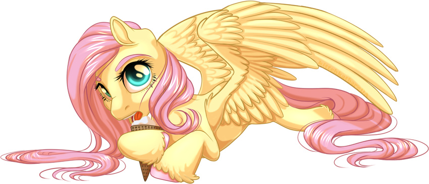 alpha_channel blue_eyes equine eyebrows female feral fluttershy_(mlp) friendship_is_magic fur hair horse ice_cream kittehkatbar looking_at_viewer lying mammal my_little_pony pegasus pink_hair plain_background pony solo transparent_background wings yellow_fur