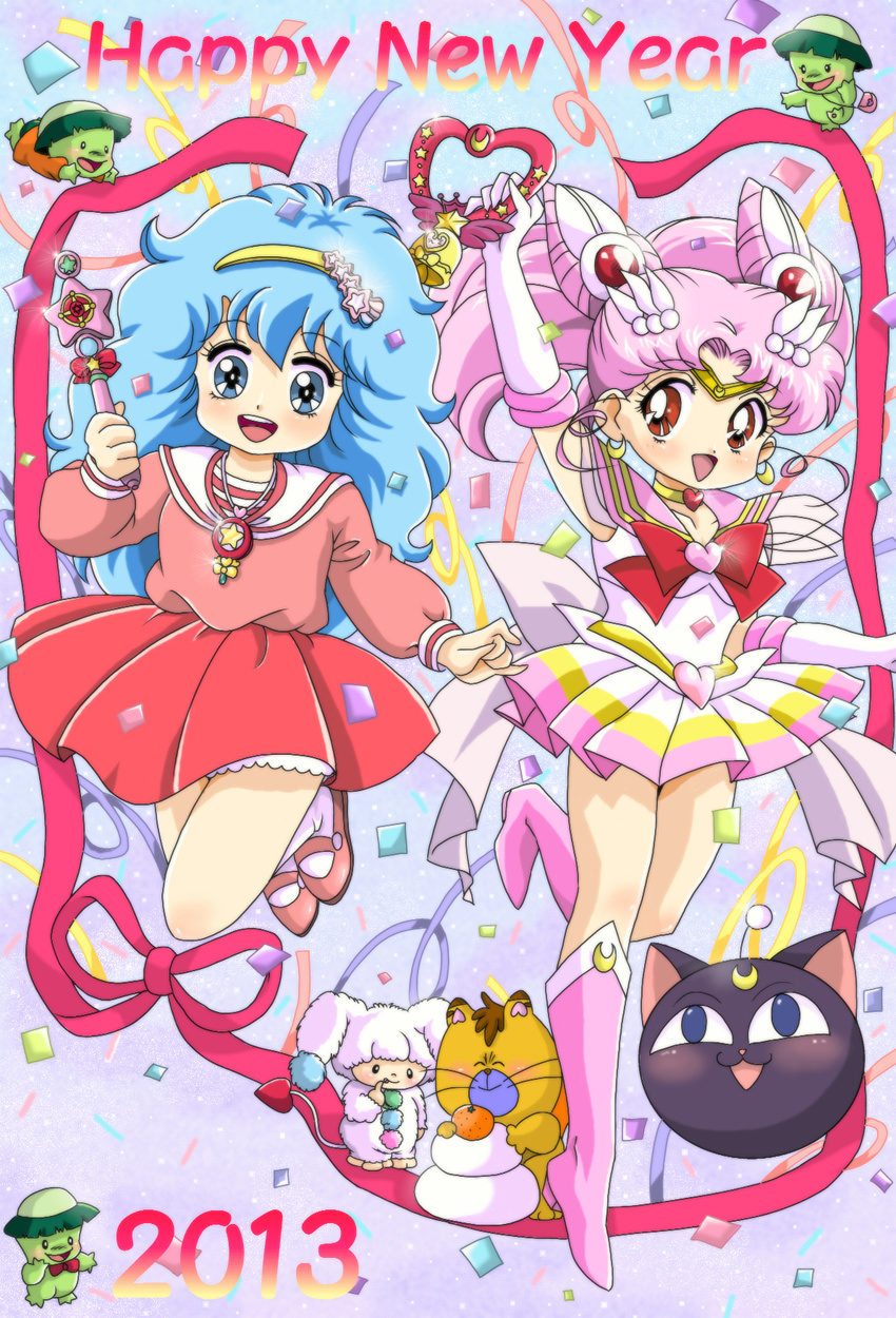 2girls arm_up back_bow bishoujo_senshi_sailor_moon blue_eyes blue_hair boots bow chibi_usa choker confetti creature crossover crystal_carillon double_bun elbow_gloves full_body gera_gera_(persia) gloves hair_ornament hairband hairpin happy_new_year heart heart_choker highres jewelry jumping knee_boots long_hair luna-p magical_girl mahou_no_yousei_persia meso_meso_(persia) mikiky multicolored multicolored_clothes multicolored_skirt multiple_girls necklace new_year persia_(mahou_no_yousei_persia) pink_footwear pink_hair pink_sailor_collar puri_puri_(persia) red_eyes red_skirt ribbon sailor_chibi_moon sailor_collar sailor_senshi_uniform simba_(persia) skirt smile super_sailor_chibi_moon twintails wand white_gloves