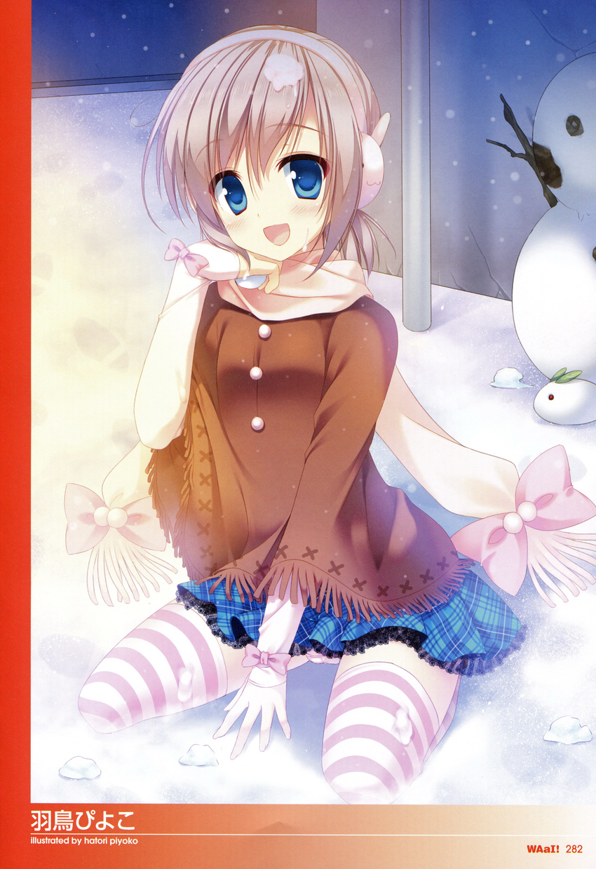 1boy absurdres blue_eyes crossdressing hatori_piyoko highres scarf silver_hair striped striped_legwear tagme thighhighs trap waai!