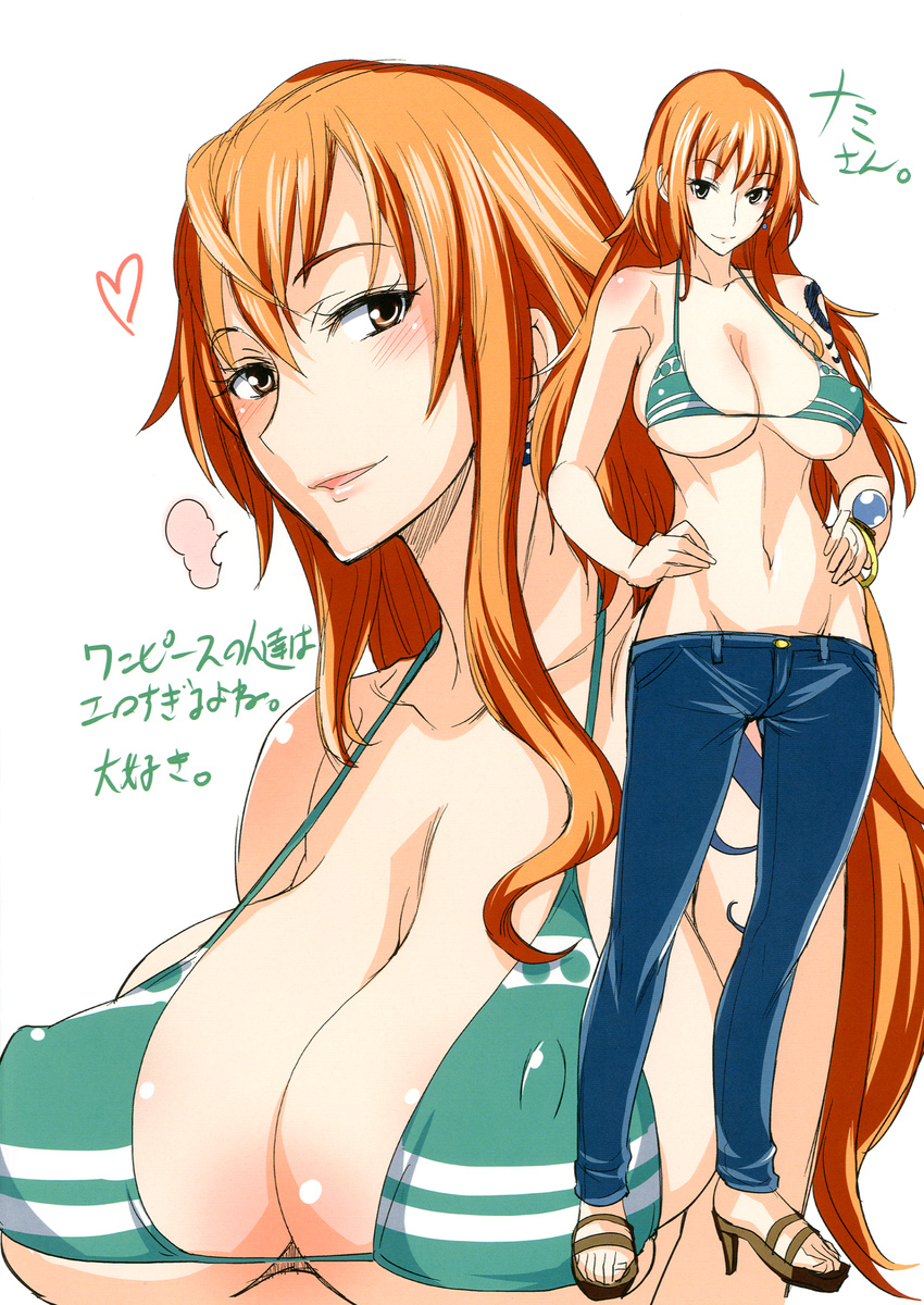 1girl bare_shoulders bikini_top blush bracelet breasts brown_eyes curvy denim earrings erect_nipples feet hand_on_hips hands_on_hips highres hips isao jeans jewelry large_breasts legs long_hair looking_at_viewer midriff nami nami_(one_piece) navel one_piece orange_hair pants pirate sabaody_archipelago sandals simple_background smile solo standing tattoo thighs toes translated translation_request white_background