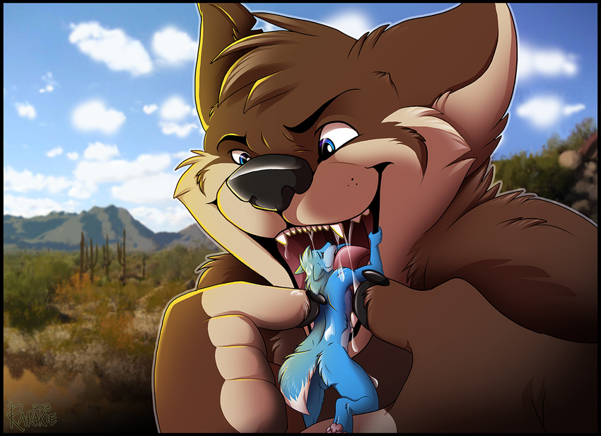 blue_eyes blue_fur brown_fur canine claws cloud clouds fur male mammal nature nude outside pawpads rarakie saliva size_difference sky smile teeth tongue vorarephilia vore white_fur wolf
