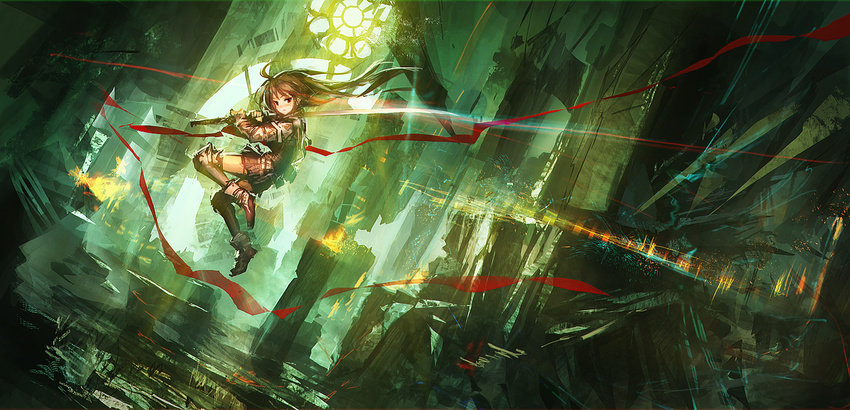 armor brown_hair greaves jumping lm7_(op-center) long_hair looking_at_viewer original red_eyes skirt solo sword weapon