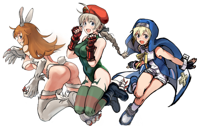 :d animal_ears ass beret black_hair blonde_hair blue_eyes boots braid breasts bridget_(guilty_gear) bridget_(guilty_gear)_(cosplay) brown_hair bunny_ears bunny_tail cammy_white cammy_white_(cosplay) charlotte_e_yeager cosplay covered_navel cross erica_hartmann felicia felicia_(cosplay) fingerless_gloves from_behind fur gloves green_leotard grin guilty_gear habit hat kirusu large_breasts leotard long_hair looking_back lynette_bishop multicolored_hair multiple_girls nun open_mouth orange_hair otoko_no_ko paws ribbon short_hair shorts single_braid smile street_fighter strike_witches striped striped_legwear tail tattoo thighhighs two-tone_hair vampire_(game) world_witches_series wrist_cuffs