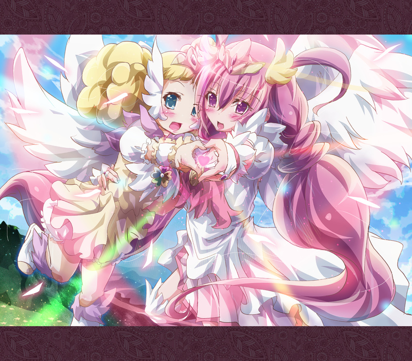 antenna_hair blonde_hair blue_eyes candy_(smile_precure!) cure_happy hair_bun head_wings heart heart_hands heart_hands_duo highres hoshizora_miyuki inoshishi_(ikatomo) letterboxed long_hair magical_girl multiple_girls pink_eyes pink_hair pink_skirt precure princess_form_(smile_precure!) royal_candy skirt smile smile_precure! tiara twintails white_bloomers wings