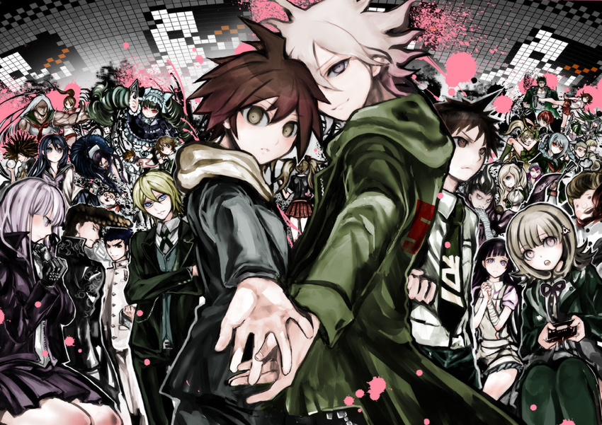 6+girls absolutely_everyone asahina_aoi blood blood_splatter celestia_ludenberck creature danganronpa danganronpa_1 enoshima_junko everyone fujisaki_chihiro fukawa_touko hagakure_yasuhiro hanamura_teruteru hinata_hajime interlocked_fingers kirigiri_kyouko koizumi_mahiru komaeda_nagito kuzuryuu_fuyuhiko long_hair long_sleeves machinery maizono_sayaka male_focus mioda_ibuki monokuma multiple_boys multiple_girls muscle muscular_female naegi_makoto nanami_chiaki nidai_nekomaru oogami_sakura oowada_mondo owari_akane pekoyama_peko saionji_hiyoko smile smoke sonia_nevermind souda_kazuichi spiked_hair super_danganronpa_2 tanaka_gandamu togami_byakuya togami_byakuya_(super_danganronpa_2) tsumiki_mikan upper_body watanabe_yuuna yaoi