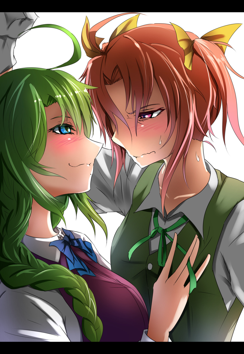 2girls :3 ahoge bangs blouse blue_eyes blue_neckwear blush bow bowtie breasts brown_hair closed_mouth couple dress eye_contact face-to-face female gloves green_hair green_neckwear green_ribbon green_vest hair_between_eyes hair_ribbon hand_up highres kagerou_(kantai_collection) kantai_collection long_hair long_sleeves looking_at_another medium_breasts mole mole_under_mouth multiple_girls neck neck_ribbon parted_bangs pink_eyes purple_dress remodel_(kantai_collection) ribbon school_uniform serious shiny shiny_hair shirt short_hair smile sweat tatetsuki twintails upper_body vest wall_slam wavy_mouth white_blouse white_shirt yellow_ribbon yuri yuugumo_(kantai_collection)