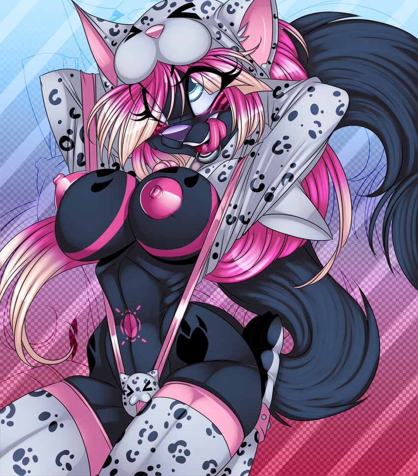 abstract_background black_fur blue_eyes breasts cat clothed clothing crystal-for-ever feline female fluffy_tail fur hair hoodie kneeling legwear licking lips long_hair looking_up mammal nipples pink_fur pink_hair pink_nipples purple_nose skimpy smile solo stockings thighs tongue tongue_out wide_hips