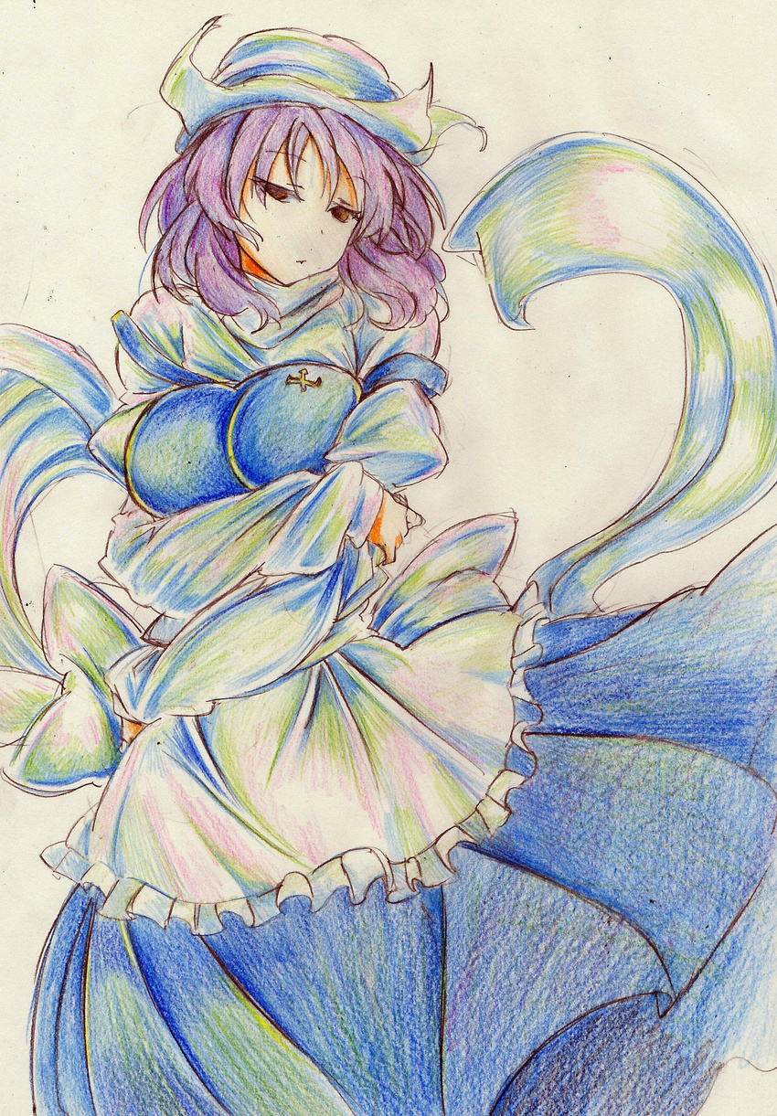 absurdres apron armband breast_lift breasts brooch colored_pencil_(medium) crossed_arms graphite_(medium) hat high_collar highres jewelry kitazinger large_breasts letty_whiterock long_sleeves looking_at_viewer purple_hair red_eyes short_hair simple_background skirt solo touhou traditional_media vest waist_apron white_background
