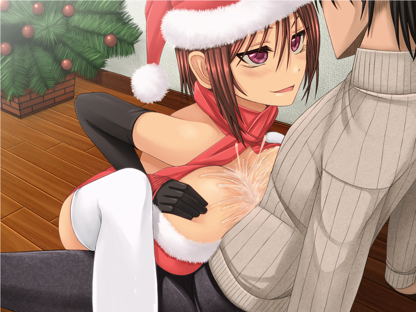 1boy 1girl aebafuti breasts christmas cum gloves hat huge_breasts original paizuri santa_costume santa_hat short_hair sweater tree