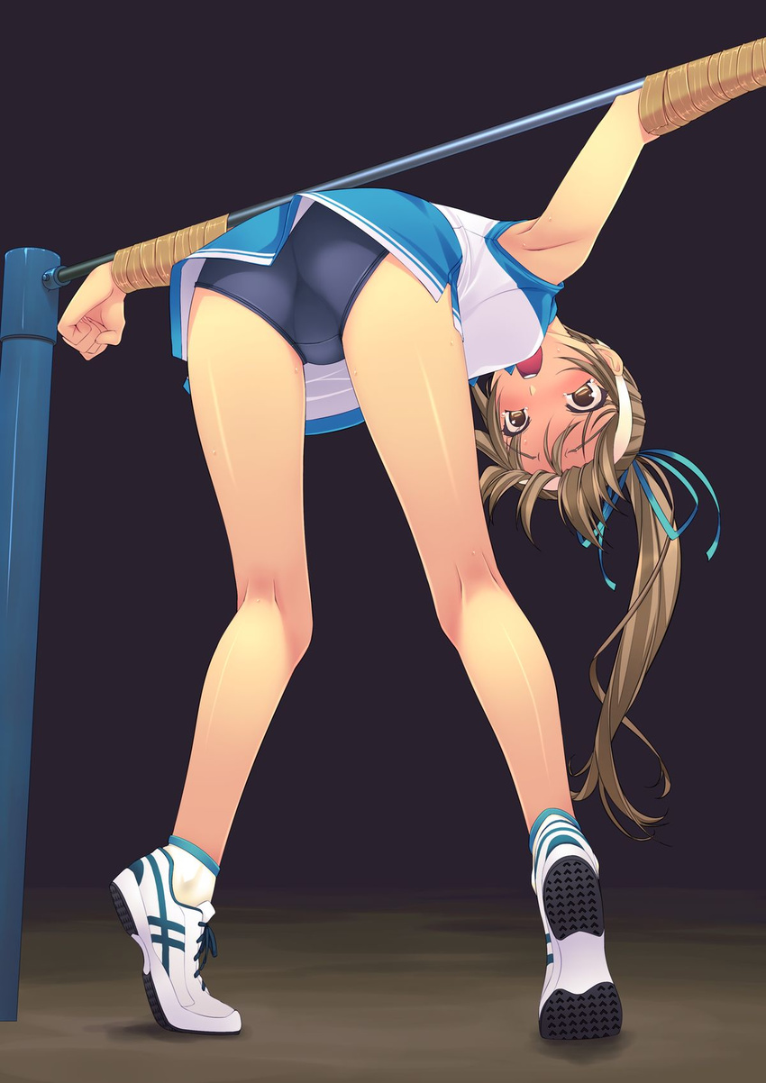 ass bdsm bent_over bondage bound brown_eyes brown_hair buruma f-ism highres horizontal_bar kneepits long_hair murakami_suigun open_mouth panties ponytail shoes skirt socks solo tiptoes underwear upskirt