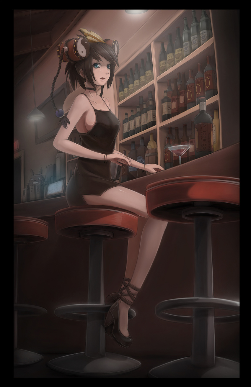 ar_tonelico ar_tonelico_i bar bar_stool bare_shoulders black_dress black_hair blue_eyes bottle braid breasts cameo casual choker cocktail_glass crossover cup dress drink drinking_glass drum hair_ornament high_heels highres instrument large_breasts long_hair misha_arsellec_lune shoes short_dress side_slit sideboob sitting solo spaghetti_strap stool sunimu tonari_no_totoro totoro twin_braids yin_yang