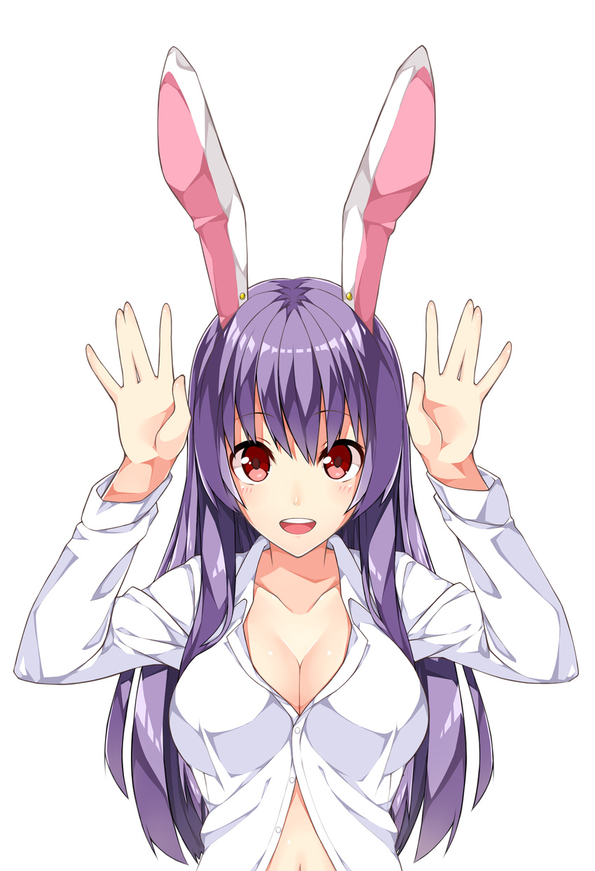 animal_ears arms_up blush breasts bunny_ears cleavage collarbone dress_shirt hands highres large_breasts long_hair looking_at_viewer naked_shirt purple_hair red_eyes reisen_udongein_inaba shirousagi_uyu shirt simple_background smile solo touhou upper_body white_background