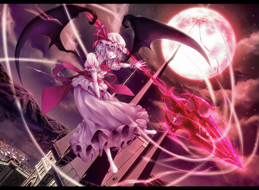 ascot barefoot bat_wings brooch cloud flying full_moon glowing glowing_eyes glowing_weapon hat hat_ribbon highres izayoi-saki jewelry letterboxed moon mountain night outstretched_arm outstretched_hand pink_eyes puffy_sleeves purple_hair red_moon remilia_scarlet ribbon sash scarlet_devil_mansion shirt short_sleeves skirt skirt_set sky slit_pupils solo spear_the_gungnir star_(sky) touhou tower town weapon wings wrist_cuffs