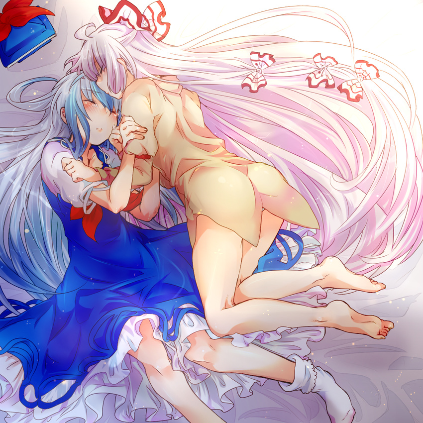 bad_id bad_pixiv_id bare_legs barefoot blue_hair blush bobby_socks bottomless bow closed_eyes dress dress_shirt fujiwara_no_mokou hair_bow hat hat_removed headwear_removed highres kamishirasawa_keine long_hair multiple_girls naked_shirt no_pants shirt silver_hair sleeping socks takamura touhou very_long_hair white_legwear yuri