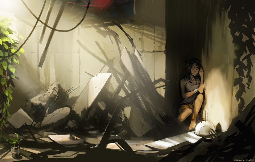 artist_name bandages bare_shoulders barefoot brown_hair can chell closed_eyes error portal portal_(series) portal_2 radio serain sitting smile solo typo