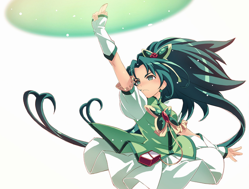 akimoto_komachi arm_up cure_mint dress earrings frown green_eyes green_hair hair_ornament jewelry long_hair magic magical_girl pouch precure simple_background solo tasaka_shinnosuke very_long_hair white_background yes!_precure_5