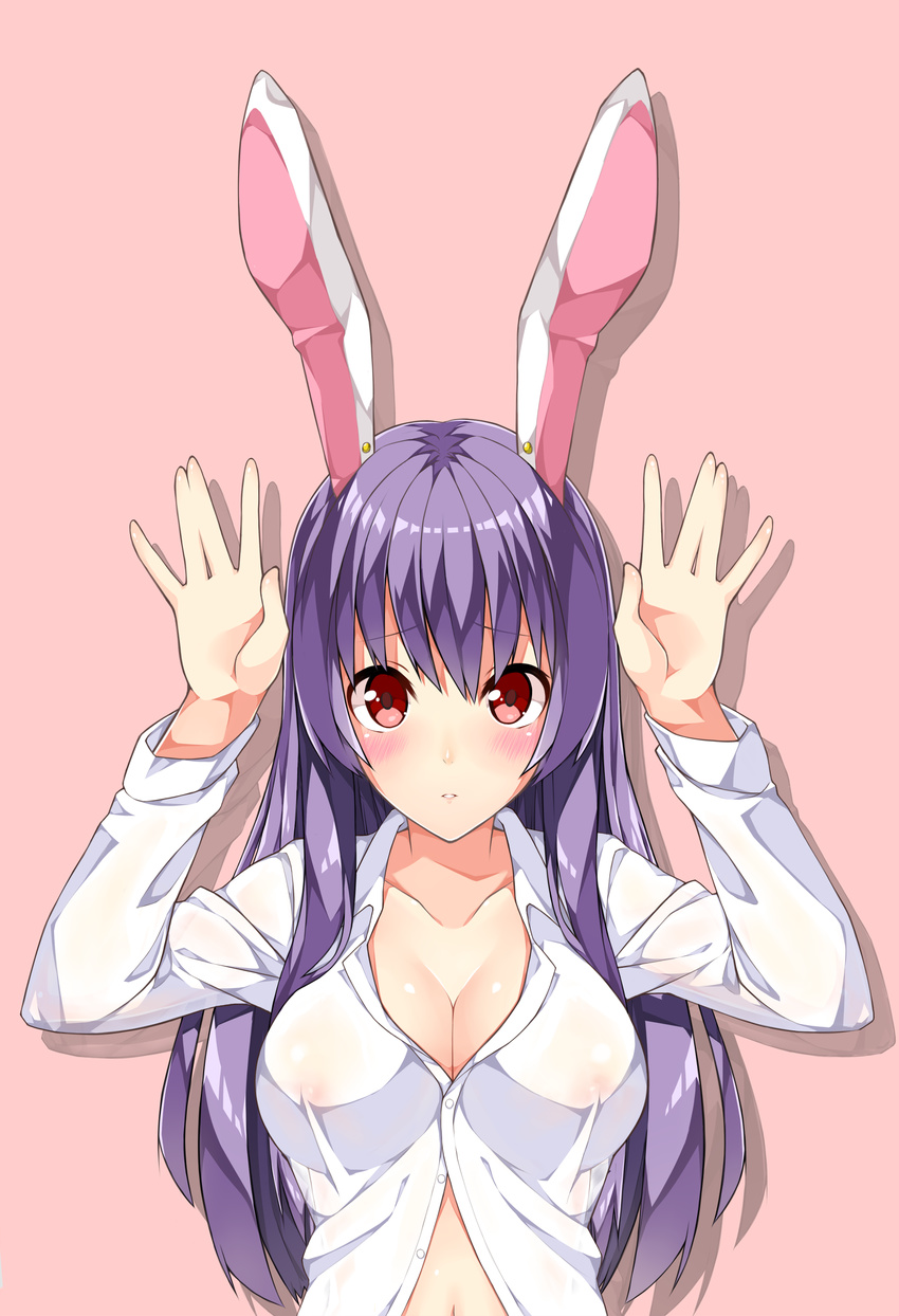 animal_ears arms_up blush breasts bunny_ears cleavage collarbone dress_shirt hands highres large_breasts long_hair looking_at_viewer no_bra pink_background purple_hair red_eyes reisen_udongein_inaba see-through shirousagi_uyu shirt simple_background solo touhou upper_body