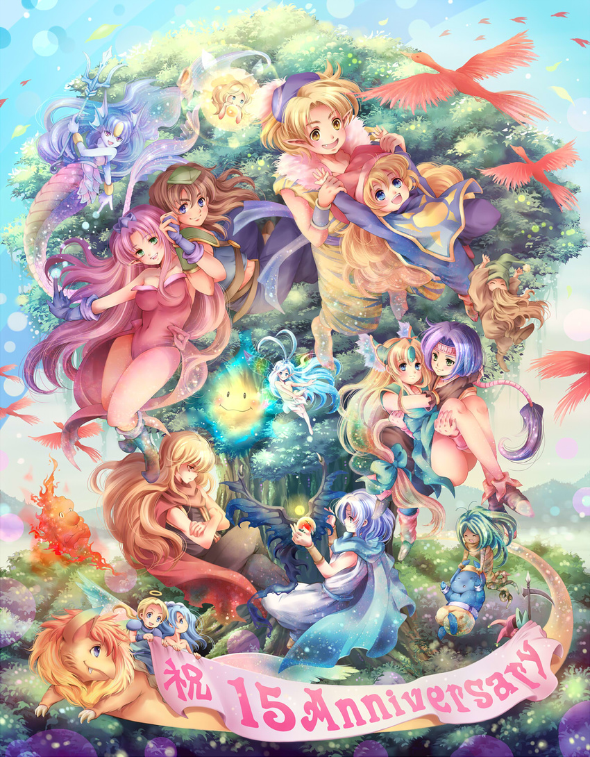 6+girls :d angela_(seiken_densetsu_3) anniversary annotated armor banner bare_shoulders barefoot beard bird blonde_hair blue_eyes blue_hair blush boots bracelet bridal_gauntlets brown_eyes brown_hair cape carrying charlotte_(seiken_densetsu_3) closed_eyes colorful deathjester dress dryad_(seiken_densetsu) duran eagle_(seiken_densetsu_3) everyone facial_hair faerie_(seiken_densetsu_3) fairy fairy_wings fang flammie giant_tree gloves gnome_(seiken_densetsu) green_eyes green_hair halo hat hawkeye head_fins headband heath_(seiken_densetsu_3) helmet highres holding_hands interlocked_fingers jessica_(seiken_densetsu_3) jewelry jinn_(seiken_densetsu) kevin koren_no_madoshi leotard long_hair low-tied_long_hair luna_(seiken_densetsu) mana_tree mermaid milan1000 monster_girl multiple_boys multiple_girls open_mouth pointy_ears polearm princess_carry purple_eyes purple_hair red_leotard riesz salamander_(seiken_densetsu) scythe seiken_densetsu seiken_densetsu_3 shade_(seiken_densetsu) shoulder_pads smile tabard tree trident undine_(seiken_densetsu) very_long_hair weapon will-o'-wisp_(seiken_densetsu) winged_helmet wings