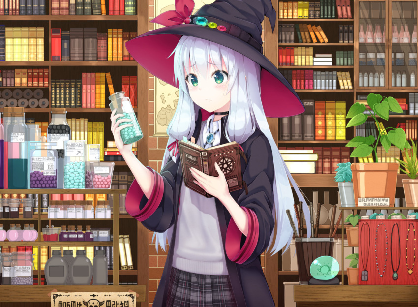 1girl bangs black_hat black_robe blush book bookshelf bottle closed_mouth collared_shirt commentary_request eyebrows_visible_through_hair green_eyes grey_skirt hair_between_eyes hat holding holding_book holding_bottle jewelry kaie long_hair long_sleeves open_book open_clothes open_robe original pendant plaid plaid_skirt plant pleated_skirt potted_plant robe shirt silver_hair skirt solo sweater_vest translation_request transparent very_long_hair white_shirt wide_sleeves witch_hat