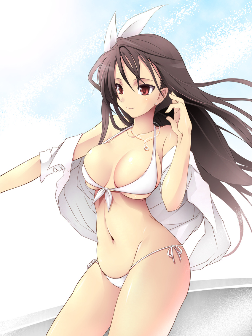 bikini black_hair breasts cleavage copyright_request dress_shirt earrings front-tie_top highres jewelry kyoro_(cothurnus) large_breasts navel necklace red_eyes shiny shiny_skin shirt side-tie_bikini skindentation sleeves_rolled_up solo source_request string_bikini swimsuit