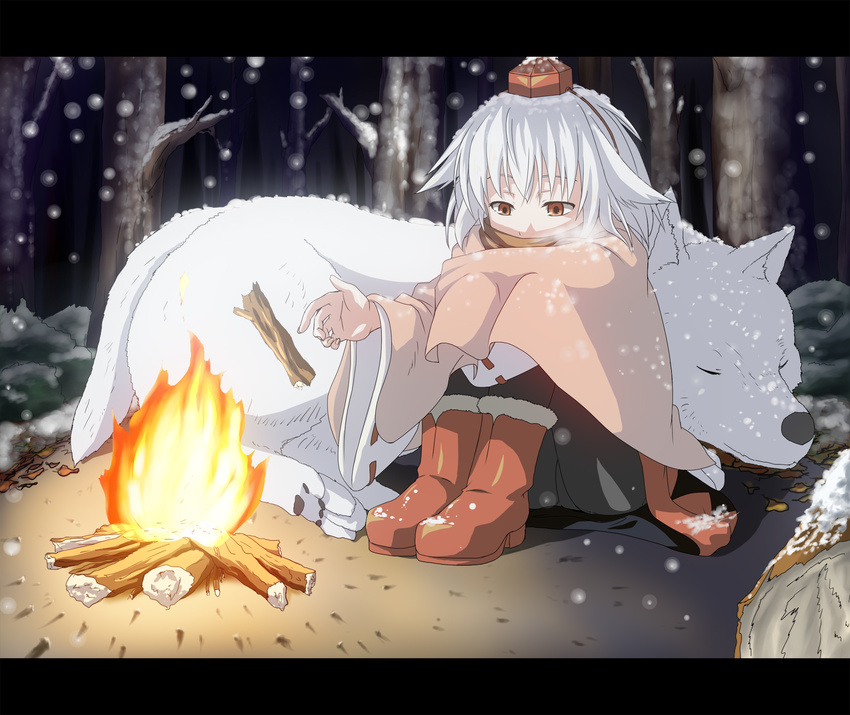 animal_ears anime_coloring boots campfire forest hat highres inubashiri_momiji letterboxed nature sachishiro_pengin scarf sitting snow solo tokin_hat touhou winter wolf wolf_ears