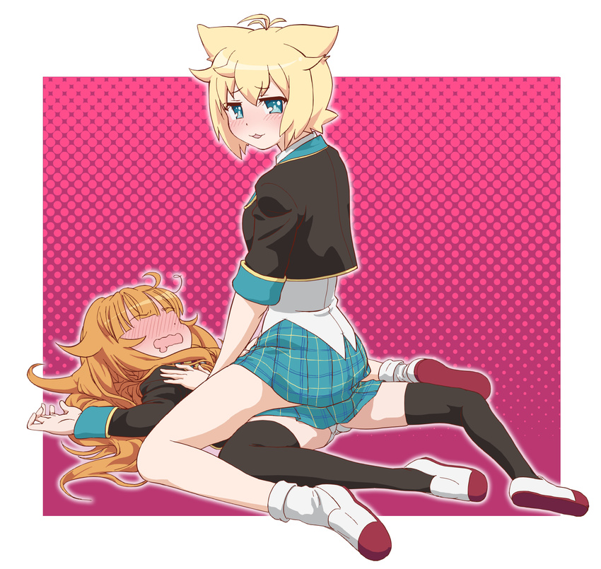 :3 amatsuka_mao animal_ears black_legwear blazer blonde_hair blue_eyes blush calpara cat_ears girl_on_top gj-bu hair_flaps highres jacket kirara_bernstein long_hair looking_at_viewer lying multiple_girls navel nose_blush on_back open_mouth orange_hair panties plaid plaid_skirt shoes short_hair sitting sitting_on_person skirt smile thighhighs underwear uwabaki wavy_mouth white_panties yuri