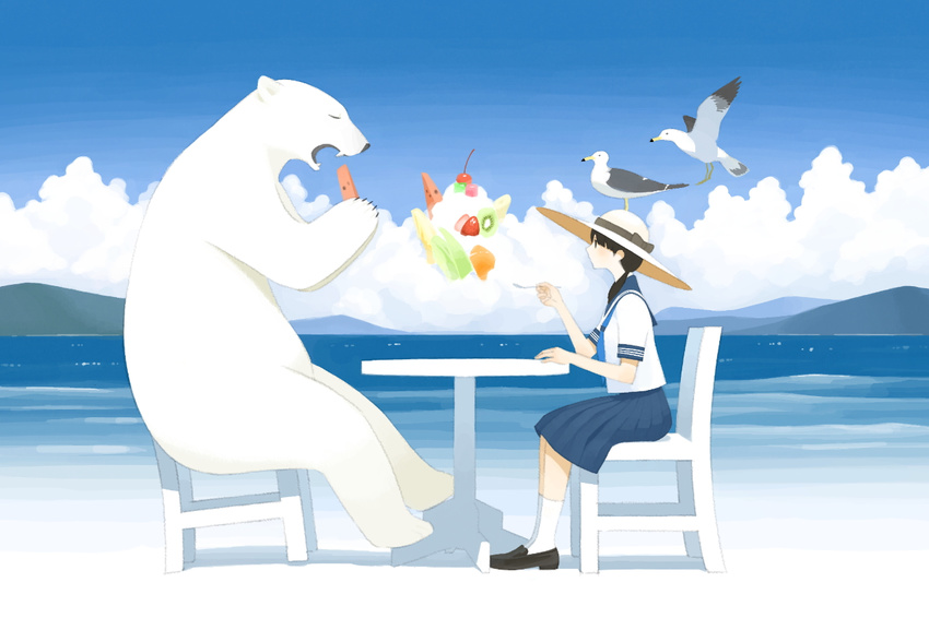 animal animal_on_head bad_id bad_pixiv_id bear bird bird_on_head black_hair chair cherry cloud day eating food from_side fruit full_body hat holding holding_food kiwifruit loafers long_hair low_twintails melon namito ocean on_head original outdoors pleated_skirt polar_bear school_uniform seagull serafuku shaved_ice shoes short_sleeves sitting skirt socks strawberry sun_hat table twintails water watermelon white_legwear