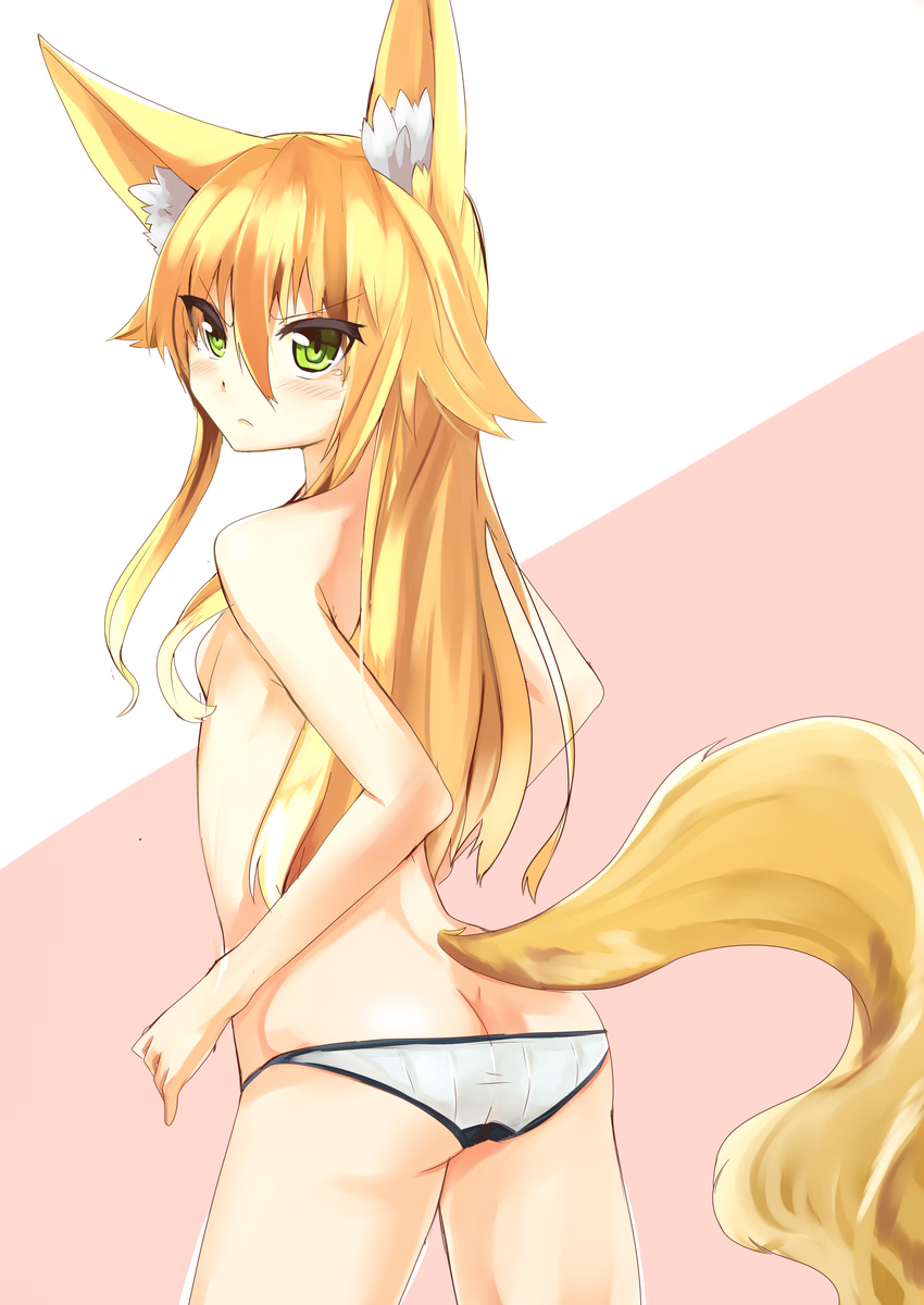 :&lt; absurdres animal_ears blonde_hair breasts butt_crack fox_ears fox_tail frown green_eyes haik hair_flaps highres kokonoe_tsubaki lowleg lowleg_panties no_bra original panties small_breasts solo tail topless underwear