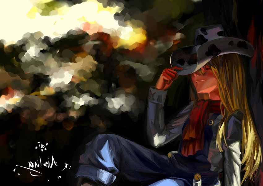 absurdres aisling animal_print bad_id bad_pixiv_id blonde_hair closed_eyes cow_print cowboy_hat harvest_moon:_a_new_beginning hat hat_tip highres light_smile long_hair neckerchief overalls rio_(harvest_moon) sitting solo tree