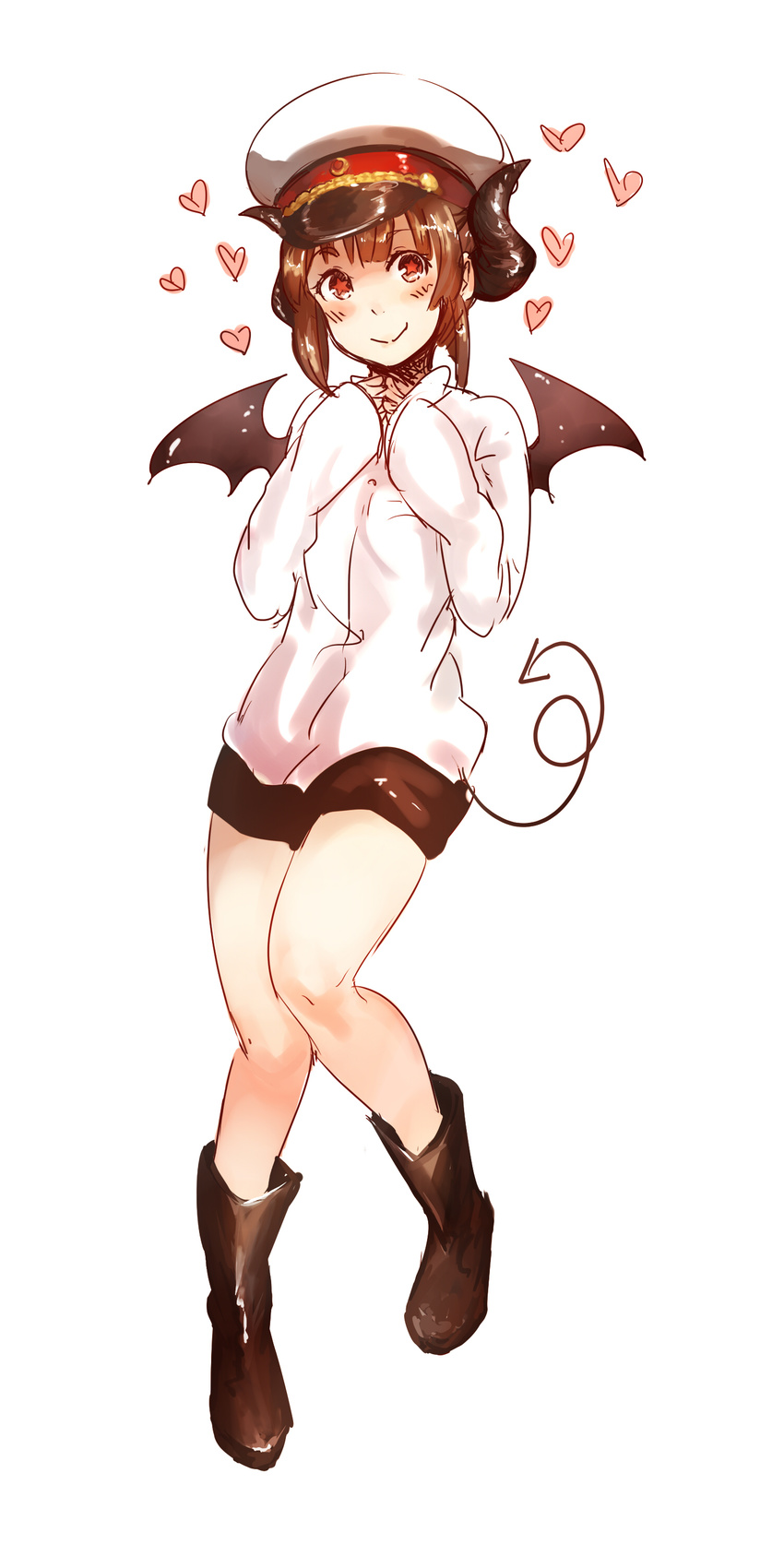 absurdres anonymous_drawfag bat_wings blush boots brown_hair demon_girl demon_tail drawfag genderswap genderswap_(mtf) hat heart highres horns joseph_stalin knees_together_feet_apart knees_touching mc_axis mini_wings miniskirt peaked_cap pigeon-toed real_life real_life_insert shirt short_hair skirt smile solo star star-shaped_pupils symbol-shaped_pupils tail wings