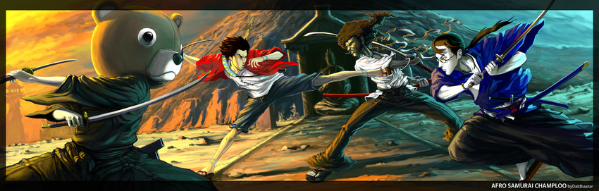 absurdres afro_samurai afro_samurai_(character) crossover daldbaatar dual_wielding highres holding jinnosuke katana md5_mismatch mugen multiple_boys resized samurai_champloo sandals sword temple upscaled weapon