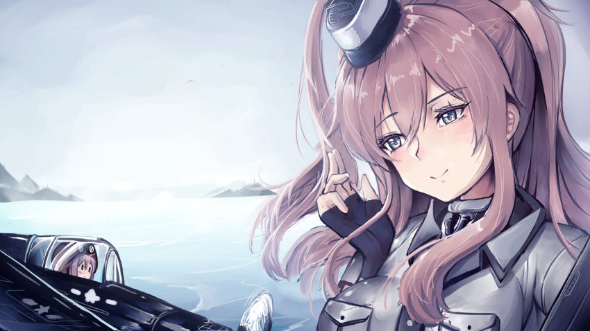 airplane blue_eyes blush breast_pocket breasts cloud cloudy_sky commentary dress fairy_(kantai_collection) fingerless_gloves gloves hair_between_eyes hair_ornament highres kantai_collection large_breasts long_hair multiple_girls neckerchief ngs_(hkfg4334) outdoors pink_hair pocket ponytail remodel_(kantai_collection) saratoga_(kantai_collection) shirt side_ponytail sidelocks sky smile smokestack water