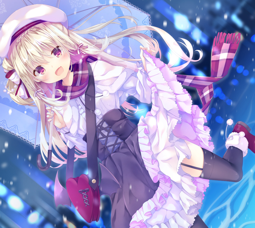 1girl bag blonde_hair blurry blurry_background braid capelet dutch_angle fang frilled_skirt frills garter_straps gothic_lolita hat heart highres kinokomushi lifted_by_self lolita_fashion long_hair looking_at_viewer open_mouth original outdoors red_eyes running scarf skirt skirt_lift snowing solo thighhighs umbrella
