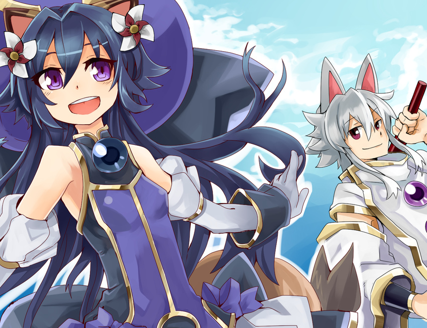 1girl blue_hair breasts grey_hair haik long_hair matsuhime_mujina open_mouth purple_eyes sai_(shinrabanshou) shinrabanshou small_breasts smile very_long_hair