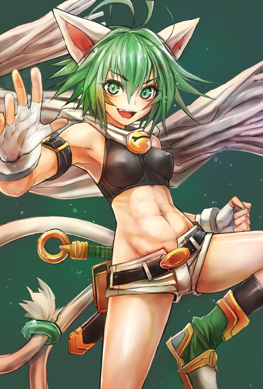 abs animal_ears antenna_hair bare_shoulders belt beryl_(shinrabanshou) boots breasts cape covered_nipples fang fingerless_gloves gloves green_background green_eyes green_hair highres looking_at_viewer medium_breasts midriff navel open_fly open_mouth shinrabanshou short_shorts shorts simple_background solo sword tail taishi_(picchiridou) unzipped weapon