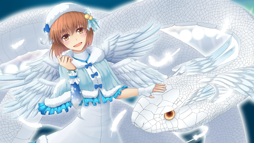 :d absurdres brown_eyes brown_hair dragon fingerless_gloves gloves hagiwara_yukiho hat highres idolmaster idolmaster_(classic) idolmaster_cinderella_girls izuki_(toneya) open_mouth short_hair smile solo wings