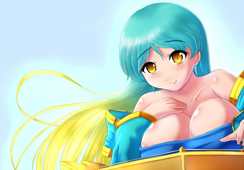 alternate_hairstyle aqua_hair areola_slip areolae bare_shoulders blonde_hair blush breasts collarbone detached_sleeves gradient_hair instrument large_breasts league_of_legends long_hair multicolored_hair smile solo sona_buvelle xano yellow_eyes