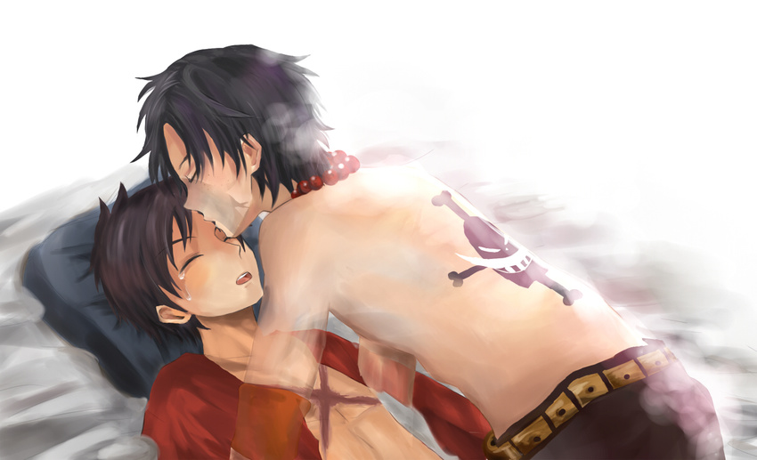 2boys abs bed_sheet brothers crying death ghost jolly_roger male male_focus monkey_d_luffy multiple_boys one_piece open_clothes open_shirt pillow pirate portgas_d_ace red_shirt scar sheets shirt siblings sleeping tattoo tears
