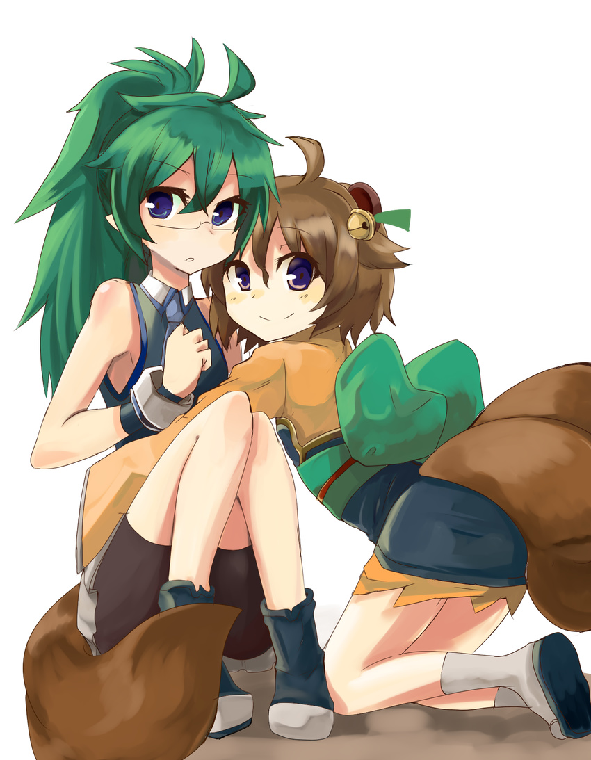 ahoge animal_ears asagi_(shinrabanshou) bare_shoulders bell bike_shorts blue_eyes brown_hair flat_chest glasses green_hair haik highres ichihime_moegi japanese_clothes jingle_bell kimono kneeling long_hair multiple_girls necktie ponytail purple_eyes sandals shinrabanshou shoes short_hair simple_background sitting smile tail white_background