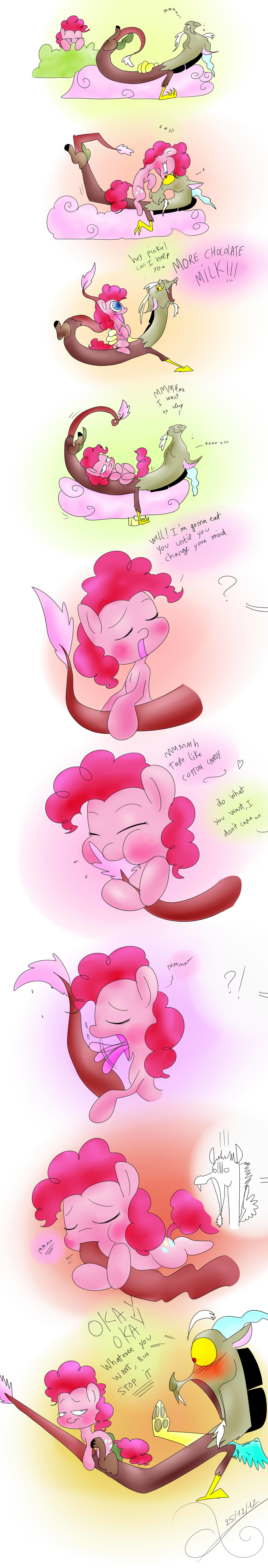 &lt;3 antler antlers blue_eyes blush comic cutie_mark dialog dialogue discord_(mlp) draconequus duo english_text equine falloutmuse female feral fluttershy_(mlp) friendship_is_magic fur hair horn horse licking male mammal my_little_pony pink_fur pink_hair pinkie_pie_(mlp) pony red_eyes sleeping text tongue wings