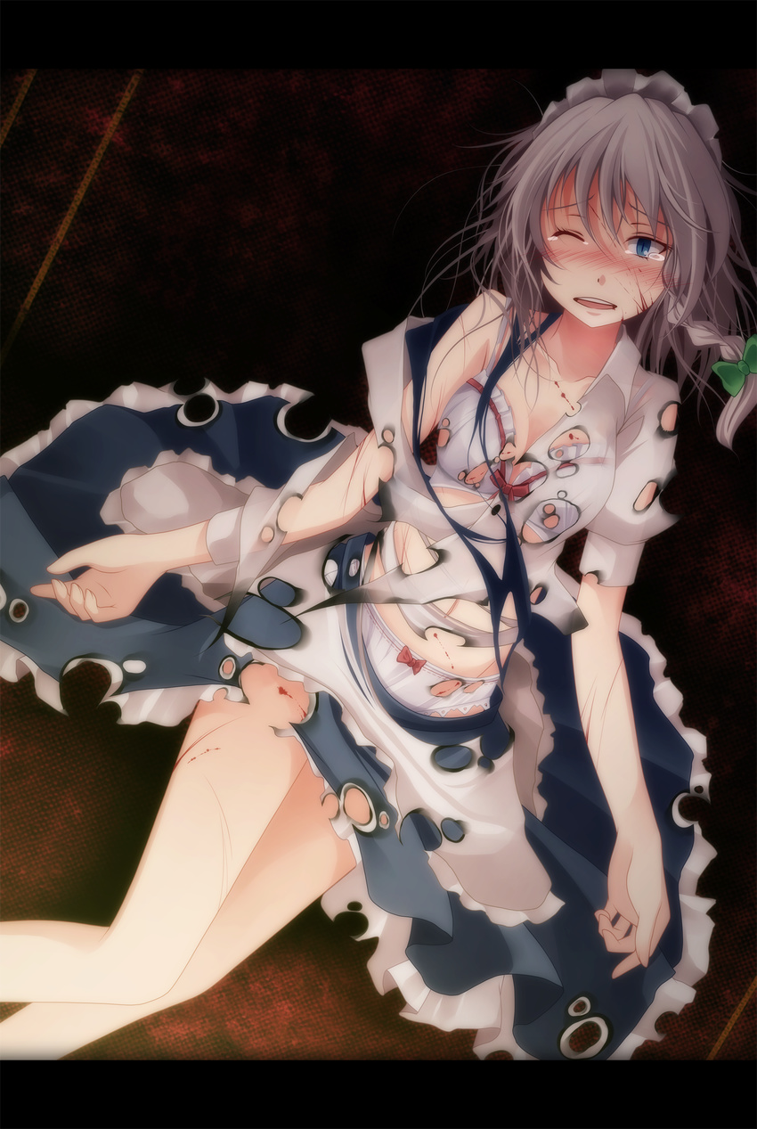 apron bad_id bad_pixiv_id blood blue_dress blue_eyes blush bow bow_bra bow_panties bra braid breasts burnt_clothes cleavage collarbone dress hair_ribbon highres injury izayoi_sakuya letterboxed looking_at_viewer maid maid_headdress medium_breasts midriff navel one_eye_closed open_mouth panties puffy_sleeves ribbon s-syogo scratches shirt short_sleeves silver_hair single_braid solo tears torn_bra torn_clothes torn_dress torn_panties torn_shirt torn_sleeves touhou underwear waist_apron white_bra white_panties wince