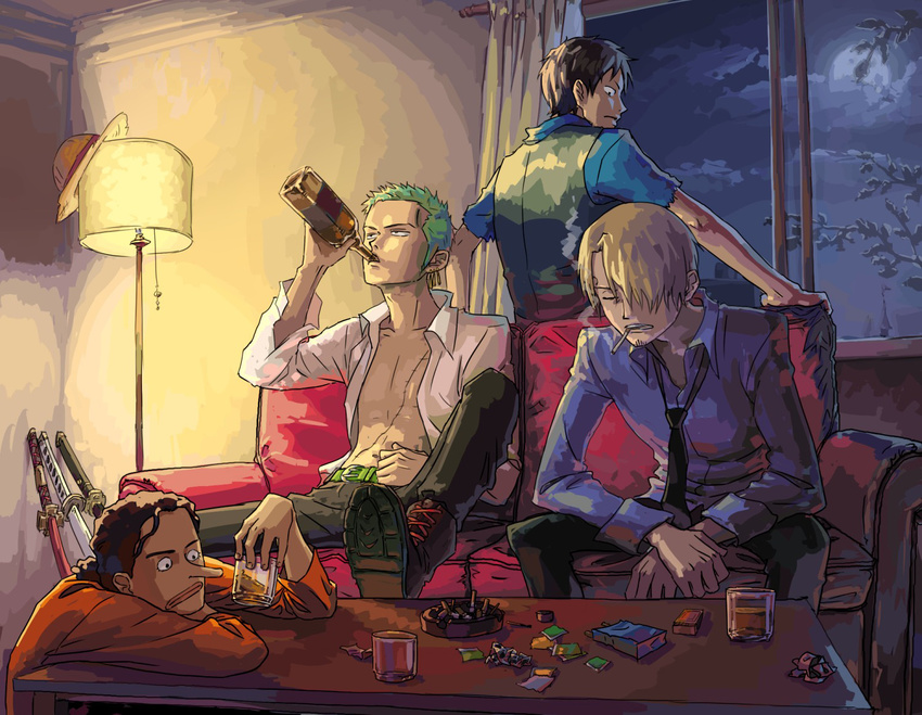 4boys ashtray black_hair blonde_hair blue_shirt bottle couch drinking earrings glass green_hair hair_over_one_eye haramaki hat hat_removed headwear_removed jewelry male male_focus monkey_d_luffy multiple_boys necktie night one_piece open_clothes open_shirt orange_shirt red_upholstery roronoa_zoro sanji scar sheathed_sword shirt sitting table usopp vest waistcoat window